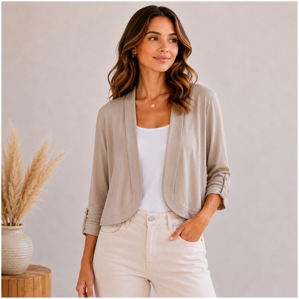 Susan Graver Cropped Knit Cardigan Women's Size XL Tan Neutral Minimalist Office